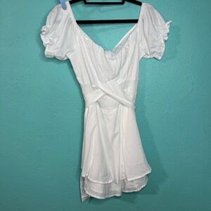 LYANER Women's Off Shoulder Wrap Tie Up Back Ruffle Short Sleeve Romper Bridal